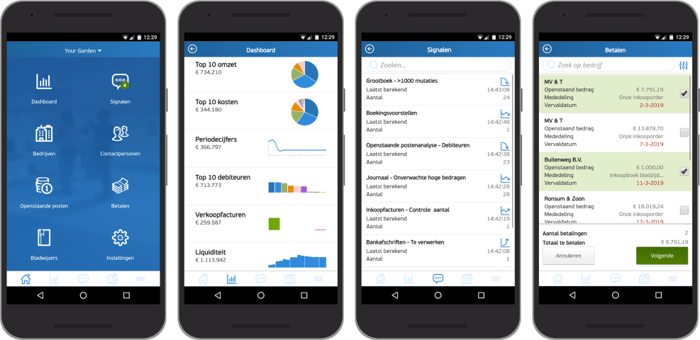 De schermen Startpagina, Dashboard, Signalen, en Betalen van AccountView Contact app