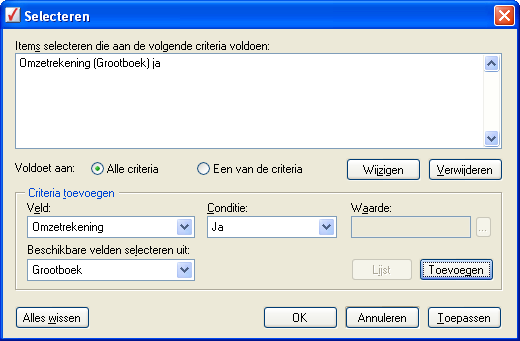 Venster 'Selecteren': Omzetrekening (Grootboek) = 'Ja'