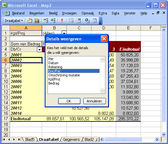 Microsoft Excel: kies Doc/Fac in Details weergeven