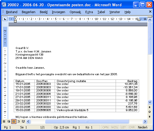 Voorbeeldbrief met adresgegevens en debiteurkaart vanuit AccountView