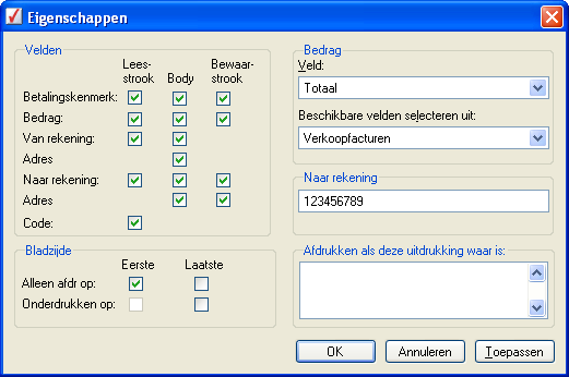 Factuurlayout met acceptgiro-element bewerken: eigenschappen van het acceptgiro-element